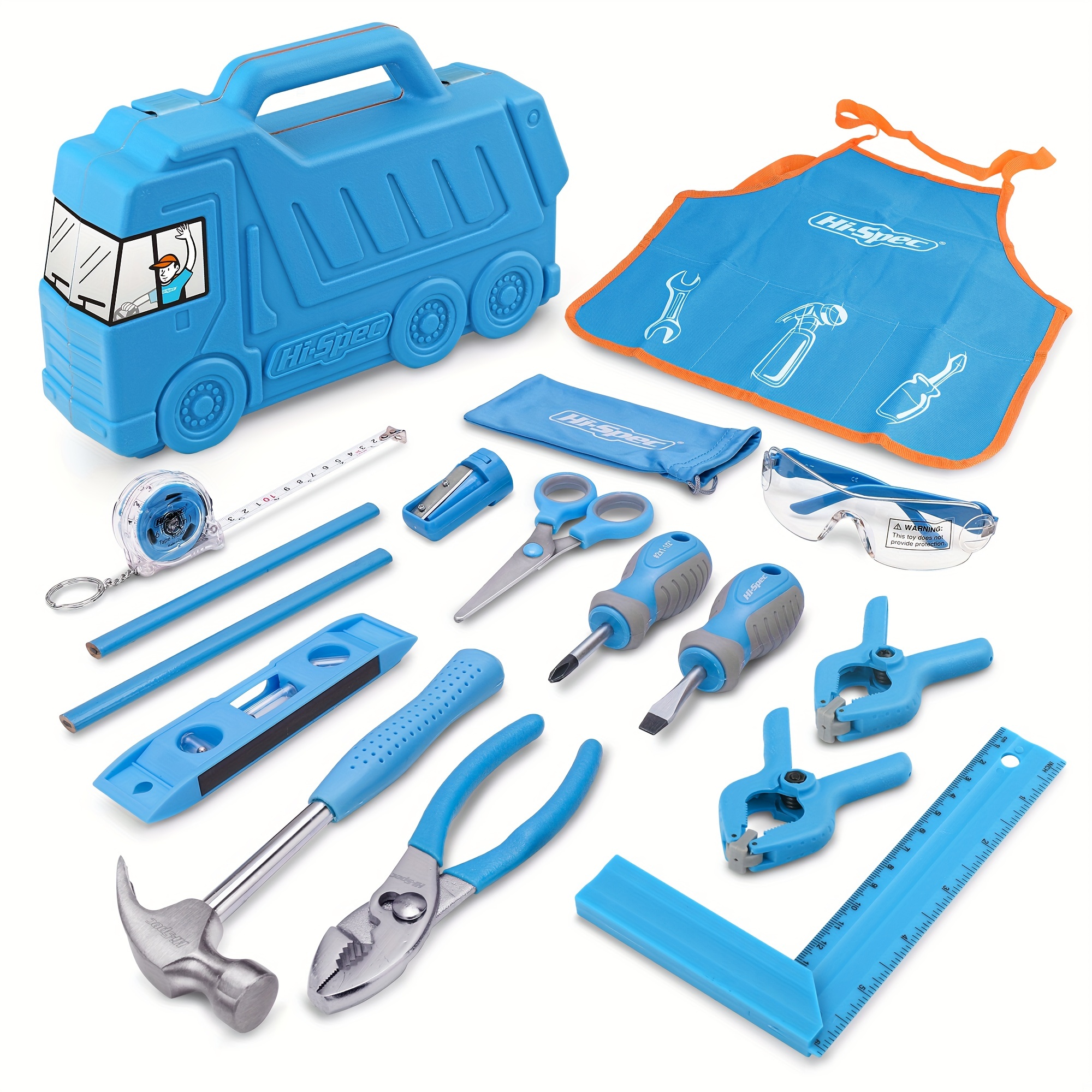 Hi-Spec 17 Piece Kids Tool Kit with Blue Truck Tool Box Kids Apron with Pockets Safety Glasses Level Real Small Size Hand Tools