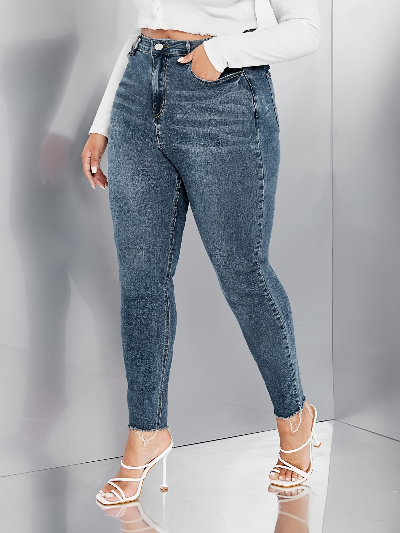 Jeans ajustados con botones y tiro alto de talla * pantalones ajustados  elásticos medianos para mujer