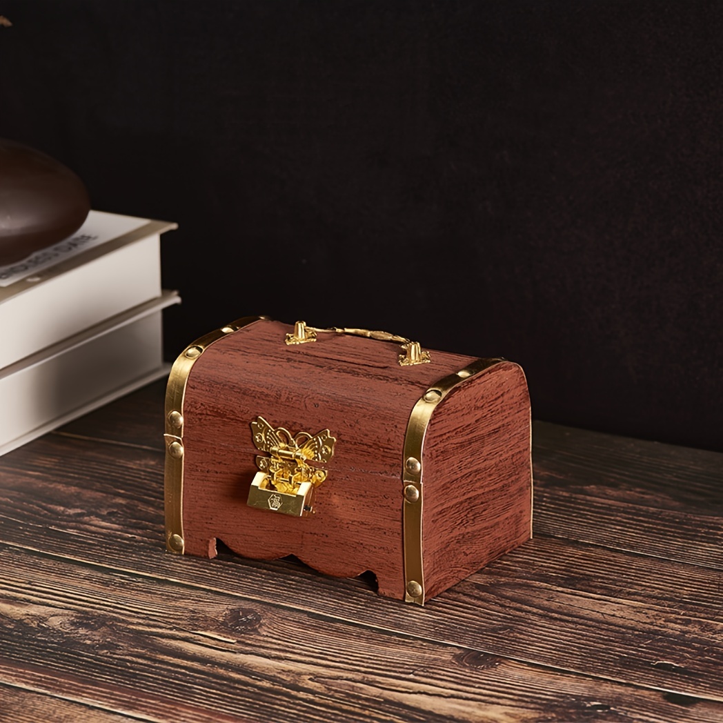Tirelire de coffre au trésor en bois rétro, petite boîte en bois