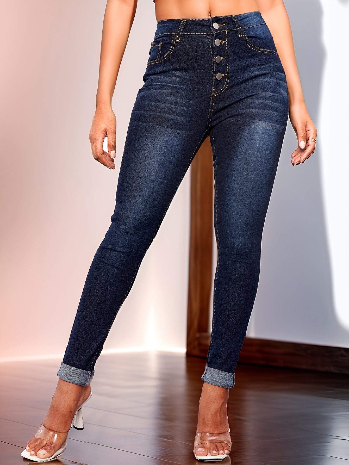 Single Breasted Rolled Hem Slim Fit High Waist Cropped Jeans - Temu Canada