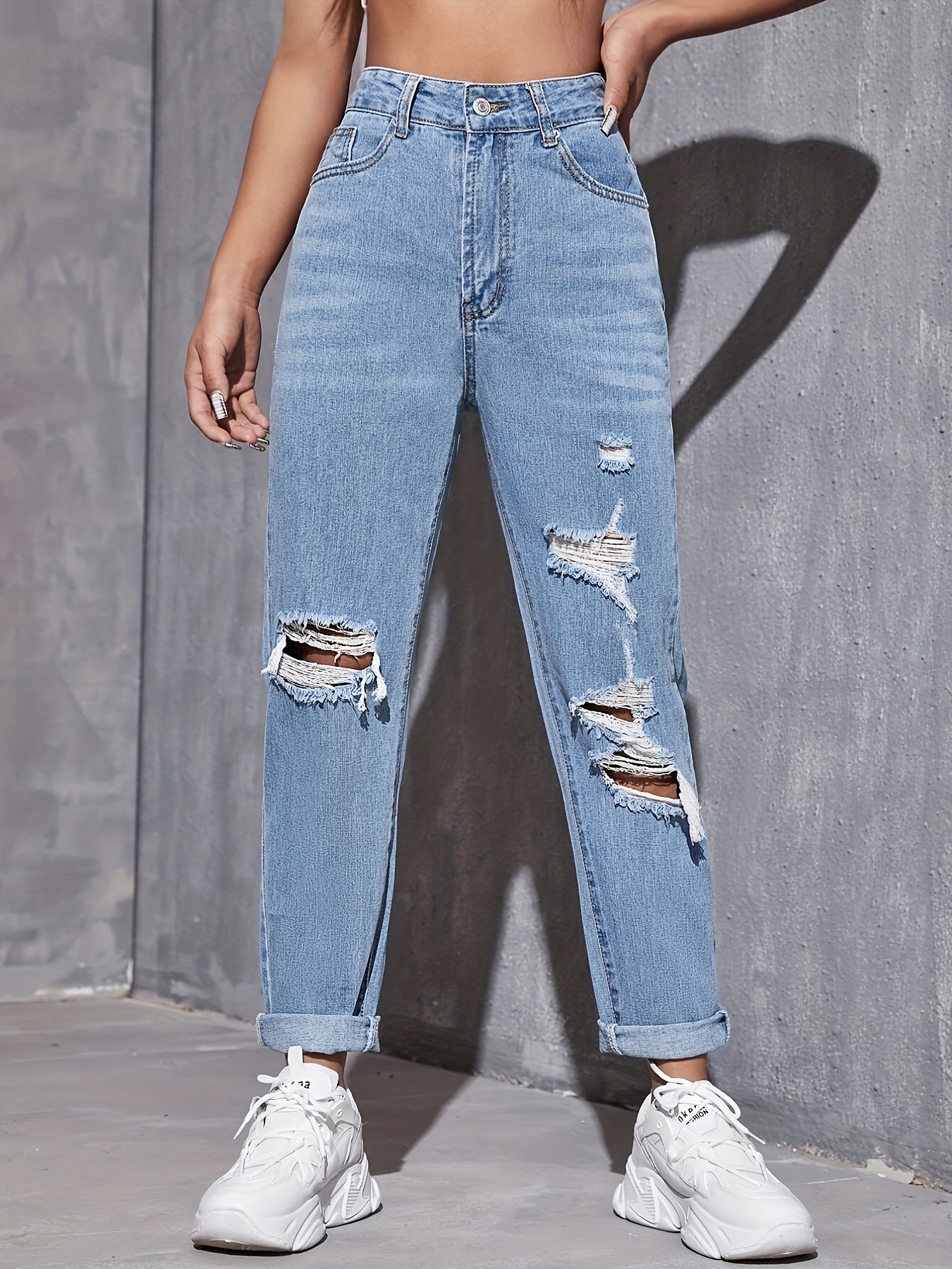 Blue Ripped Holes Straight Jeans Loose Fit Distressed Slash - Temu