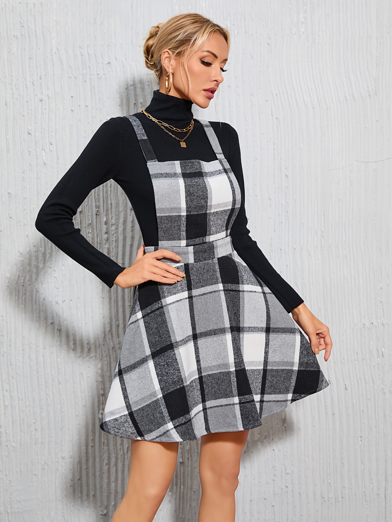 Plaid Print Overall Dress Casual Criss Cross A Line Dress - Temu