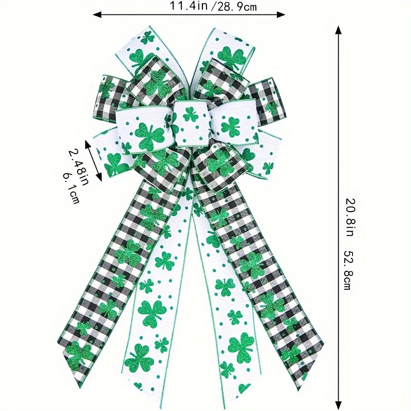 Shamrock ribbon with white clovers on a green and black buffalo plaid  background printed on 1.5 white grosgrain, 10 yards