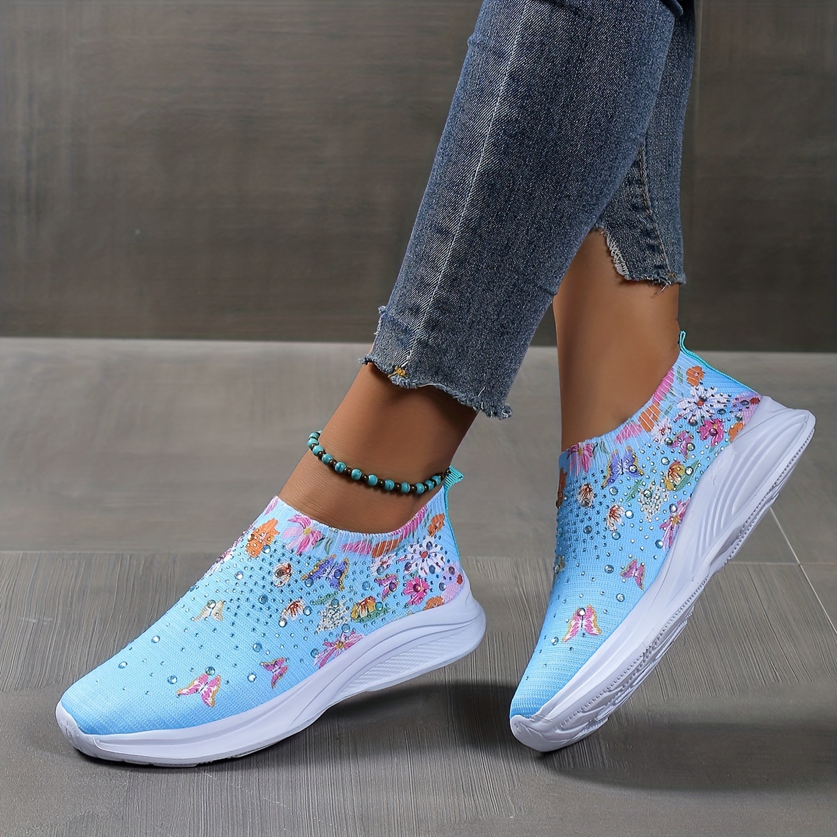 Women's Blue Butterfly Knitted Breathable Lace-up Casual Sports Shoes