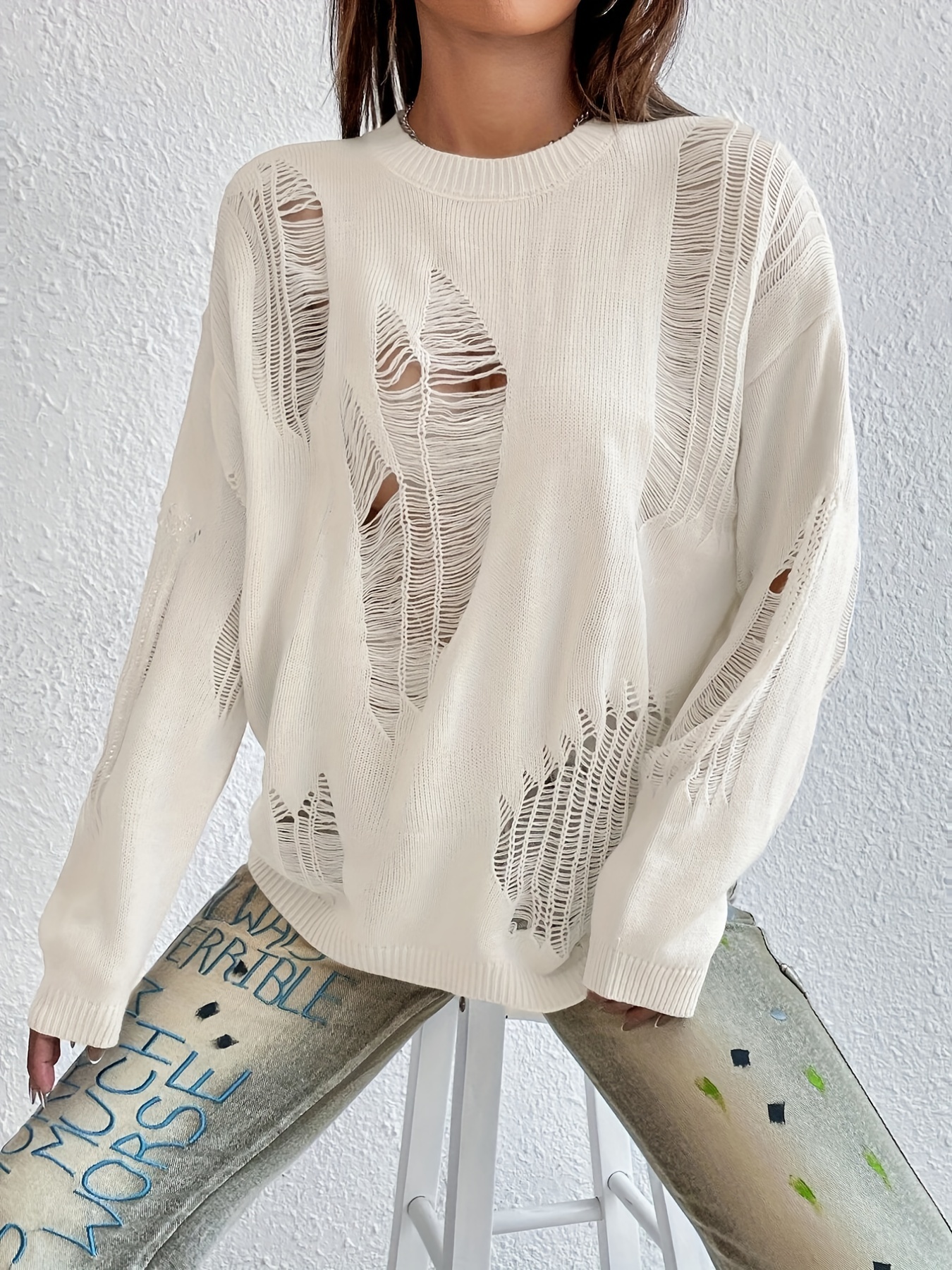 Cream Distressed Knit Leggings, Knitwear