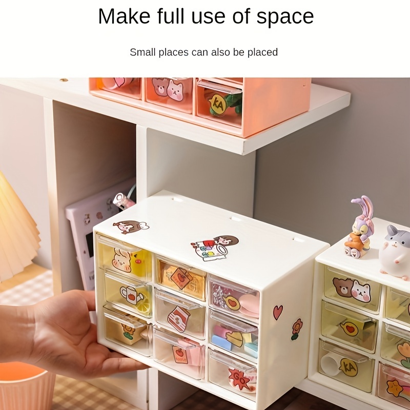 Mini Plastic Storage Organizer And Cute Stickers, Mini Drawer