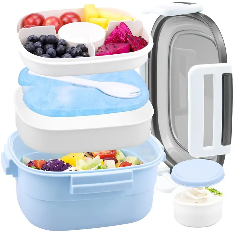 1pc Lunch Box With Built-In Ice Pack & Fork, 3 Compartments, Square Divided  Microwave Oven Bento Box, Leakproof Food Container, For Teenagers And Work