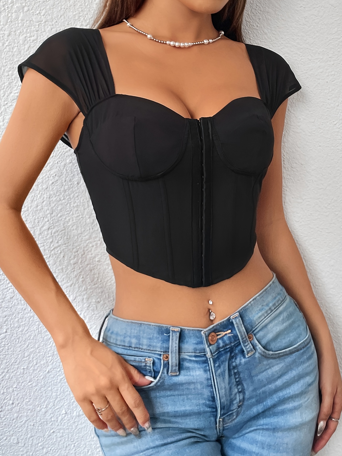 Mesh Stitching Corset Top Sexy Solid Button Front Black Crop - Temu Canada