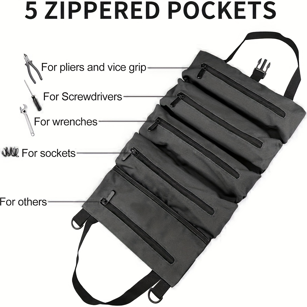 Sac à outils pliable, rouleau à outils avec 5 poches zippées