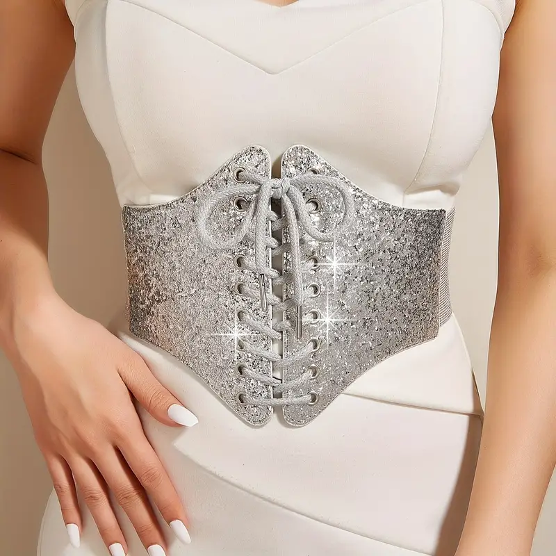 Elegant Lace Up Wide Belts Trendy Shiny Sequin Elastic Corset Waspie  Waistband Classic Bride Belt Wedding Dress Girdle For Women
