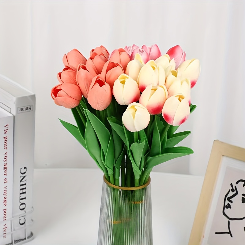 10 Pcs Pink Tulips Artificial Flowers Real Touch Fake Tulips Fake Flowers for Decoration 13.5 Faux Tulips Faux Flowers Bulk Artificial Tulips