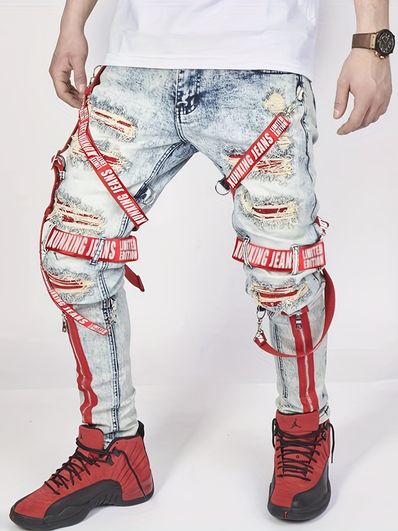 Pantalones Vaqueros Largos Rasgados Para Hombre, Jeans Ajustados Elásticos  Rotos