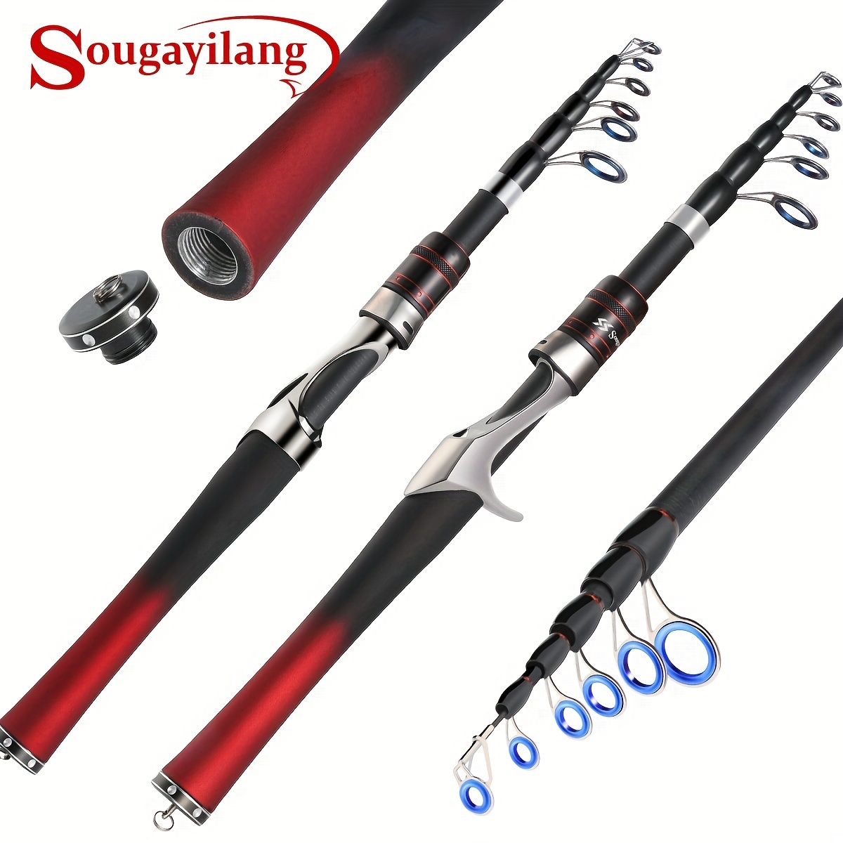 1pc Sougayilang Basic Type Red Fishing Rod, 5.25ft/1.6m Telescopic  Stainless Steel Spinning/Casting Rod, Fishing Tackle
