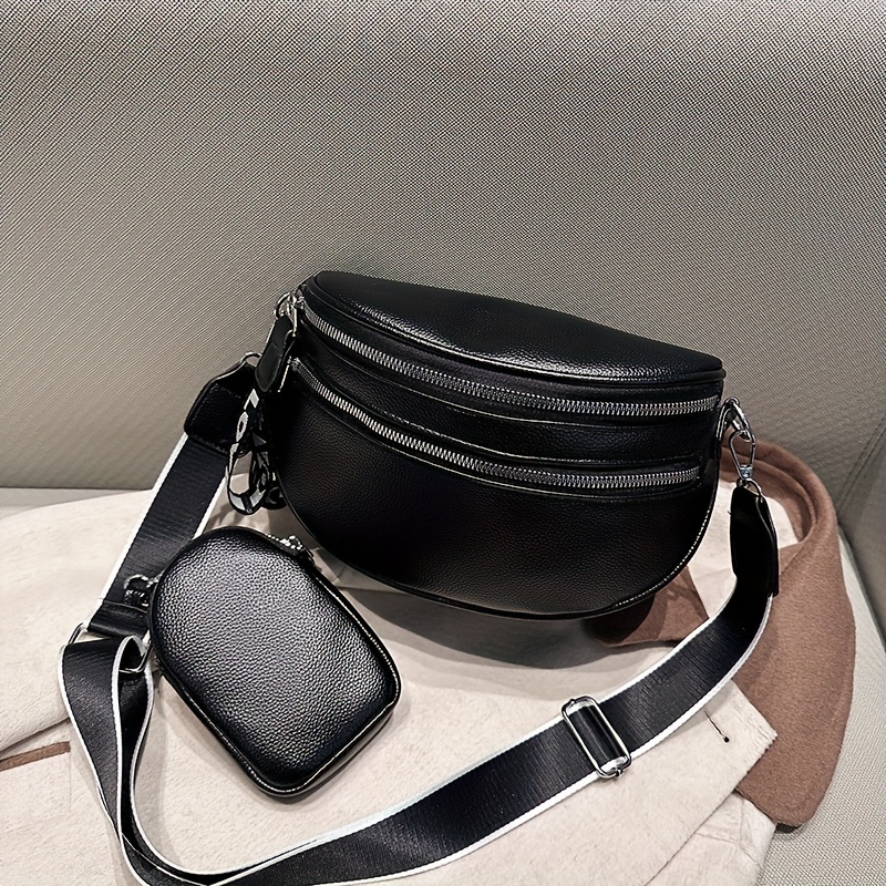 

Double Zipper Waist Bag, Trendy Wide Strap Fanny Pack, Pu Leather Crossbody Chest Bag With Small Coin Purse