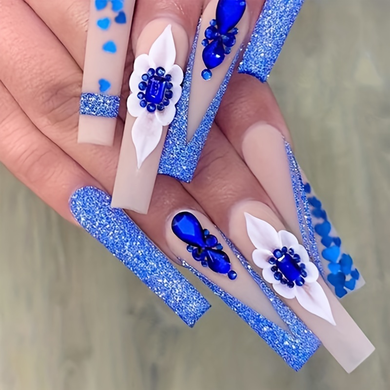 Colorful Rhinestone French Tip Press On Nails With Blue - Temu