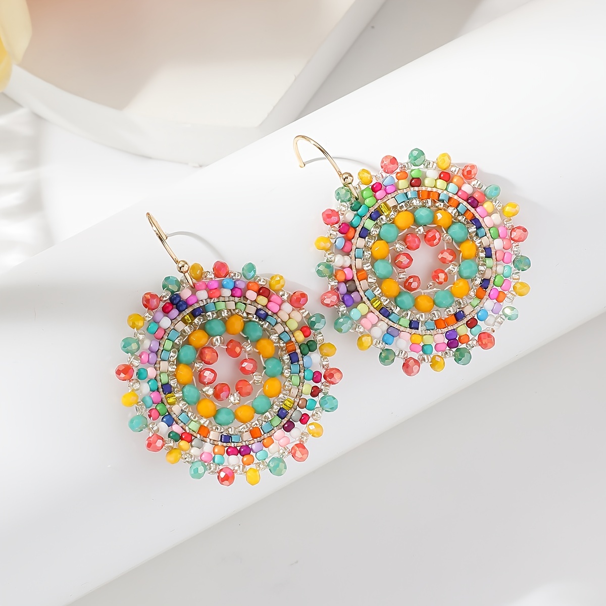 

Exquisite Flower Design Shiny Rhinestone Beads Decor Dangle Earrings Retro Bohemian Style Tourism Vacation Earrings