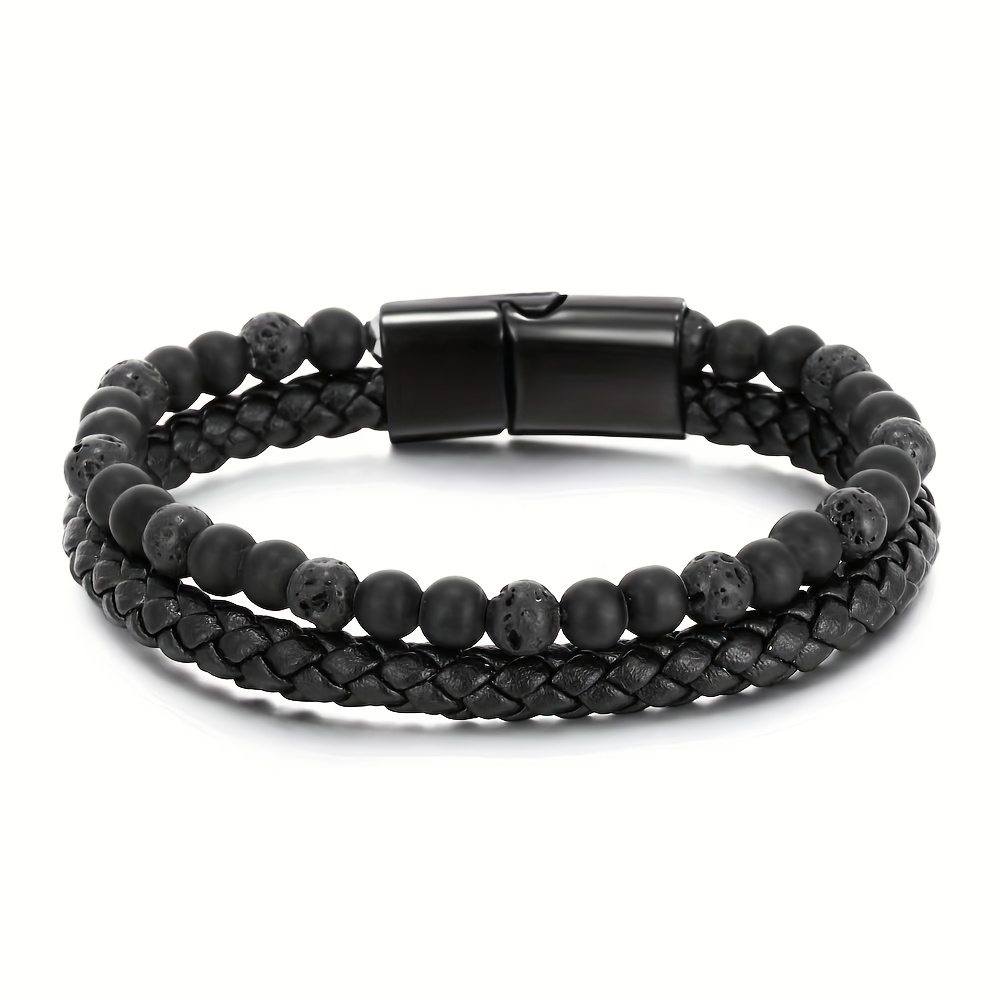 Double Layer Leather Braided Bracelet, Natural Tiger Eye Stone