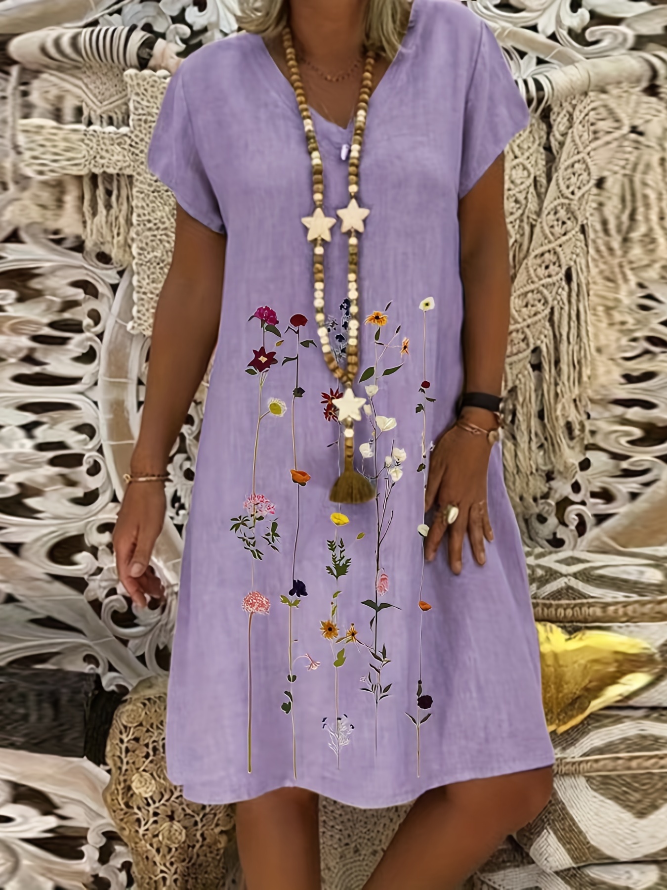 Floral Printed Tunic with Lavender Embroidery