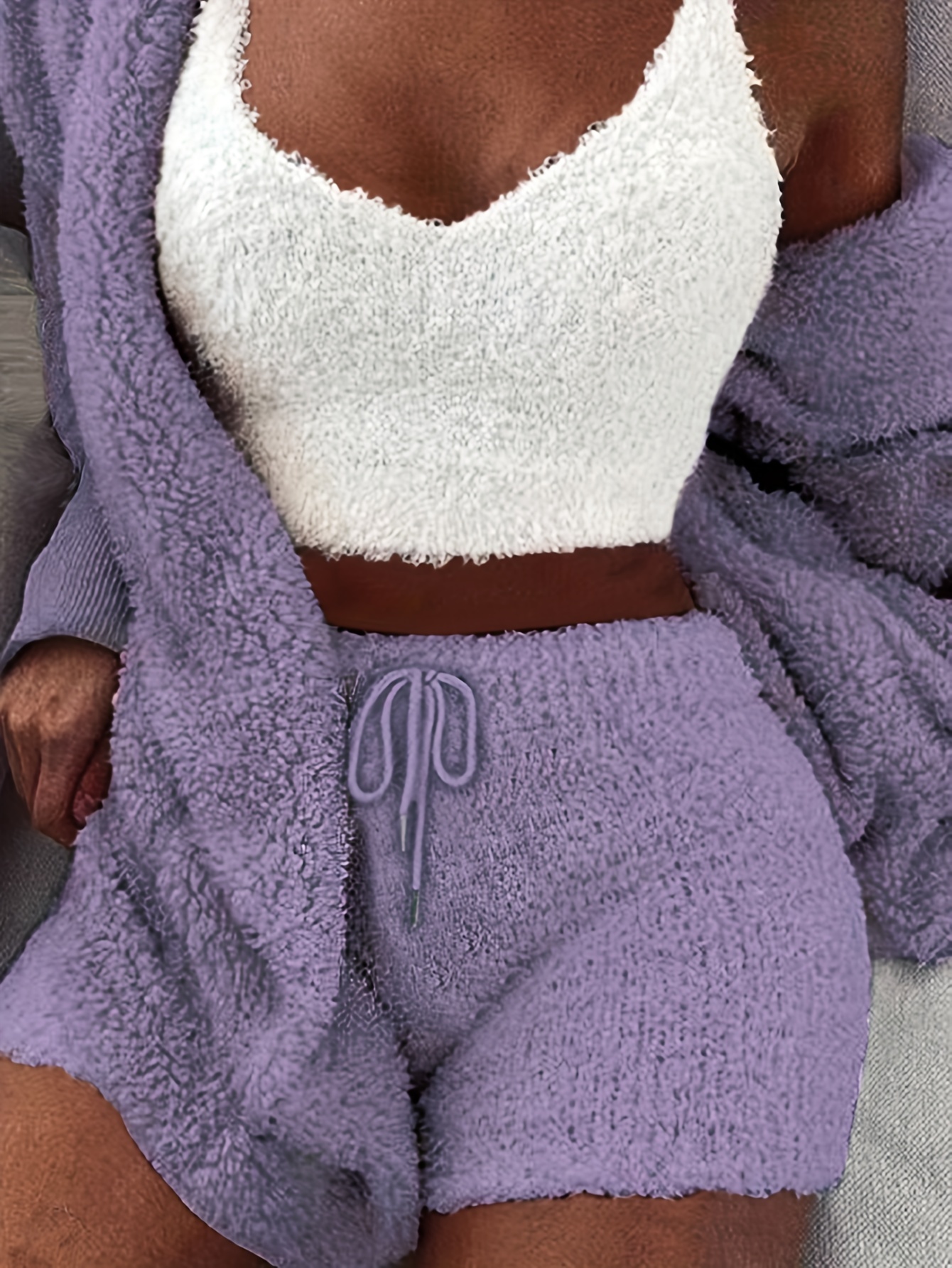 Warm Fuzzy Pajama Set Long Sleeve Hooded Robe Tank Top - Temu