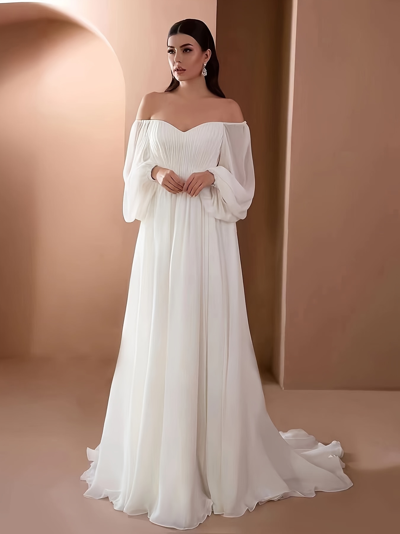 Shoulder Gown Wedding Dresses Elegant Solid Ruched Mopping - Temu Canada
