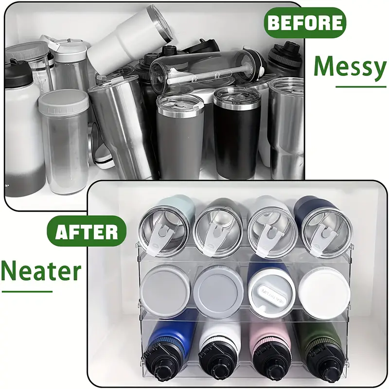 Mefirt Water Bottle Organizer, 3-Tier Water Bottle Organizer for Cabinet,  Tumbler Travel Cup Holder, Pantry Kitchen Stackable Storage Rack for Shaker