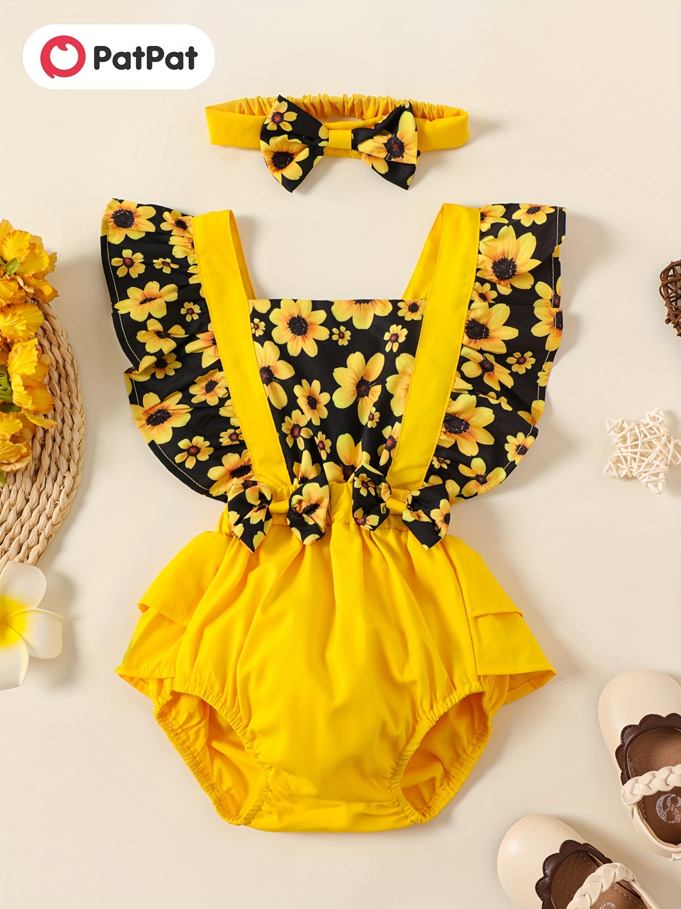 2pcs Baby Girl Allover Sunflower Floral Print Lace Flutter-sleeve Romper with Headband Set