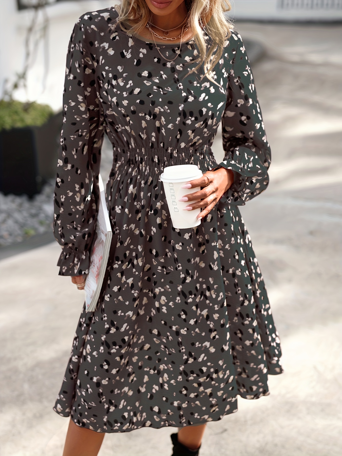 Elegant Ditsy Floral Print Ruffle Dress Long Sleeve Square - Temu Canada