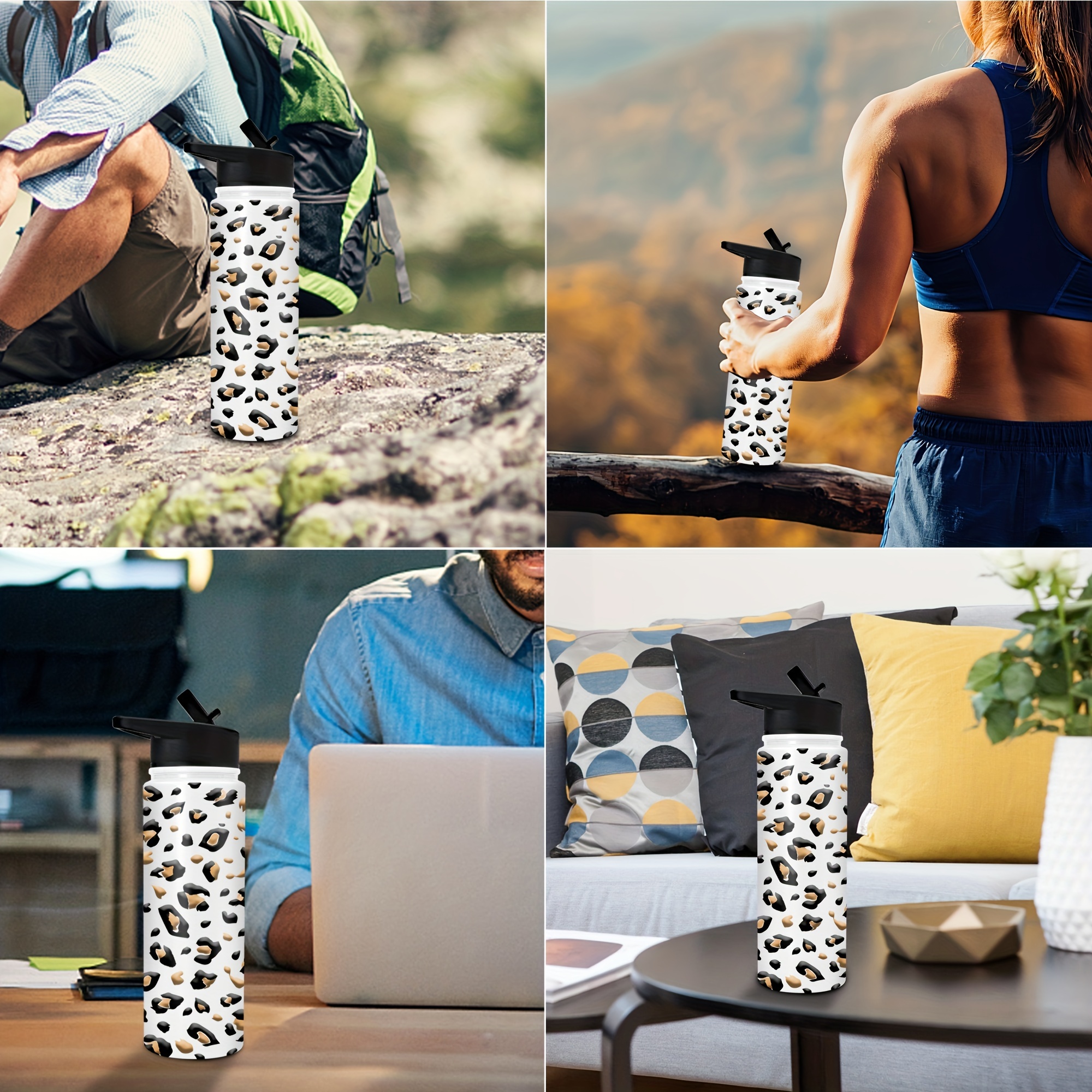 White Leopard Print Sport Water Bottle Stainless Steel - Temu