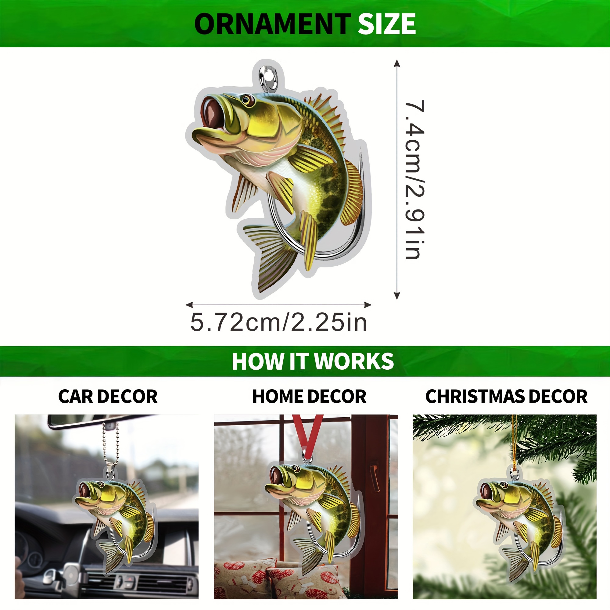 Fisherman Bass Fishings Big Bass Fish Car Ornament, 2D Flat Car