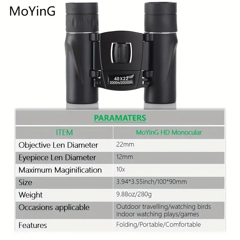 moying 40x22 versatile mini compact pocket binoculars for hiking minoculars for adults kids light weight foldable binoculars bak 4 prism waterproof monocular fmc lens telescope waterproof for outdoor photography accessories travel exploration wild animal watching sightseeing and field survival tool low light vision telescope photography kit accessories details 0