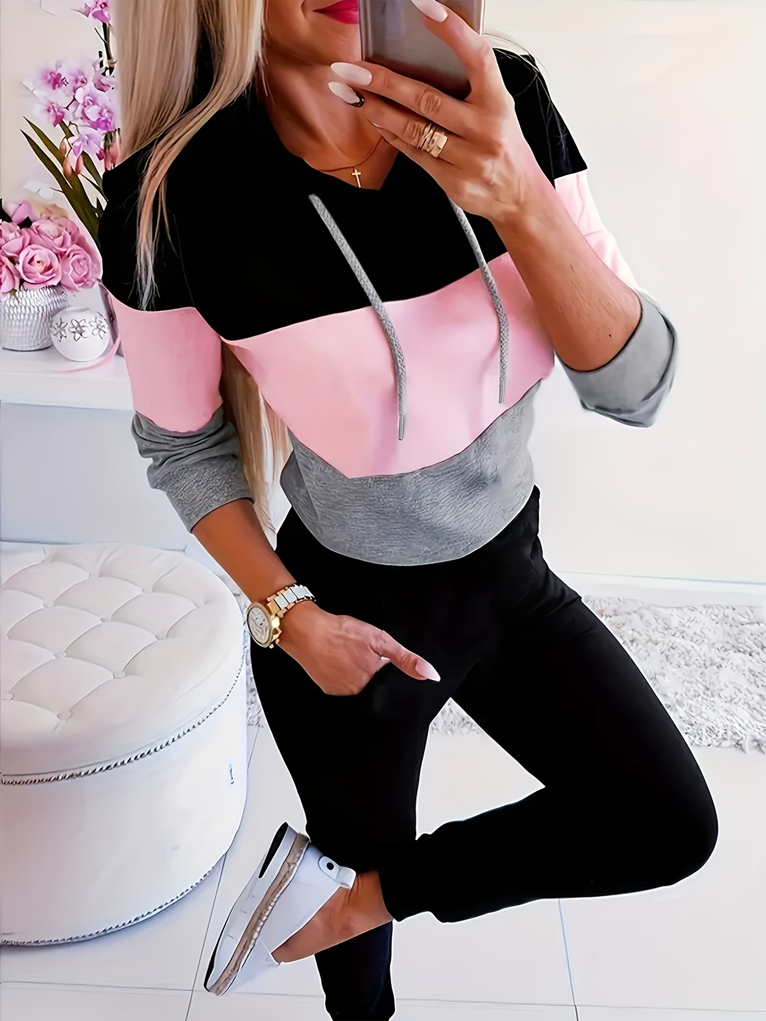 Athleisure Color Block Two piece Set Zip Up Drawstring - Temu