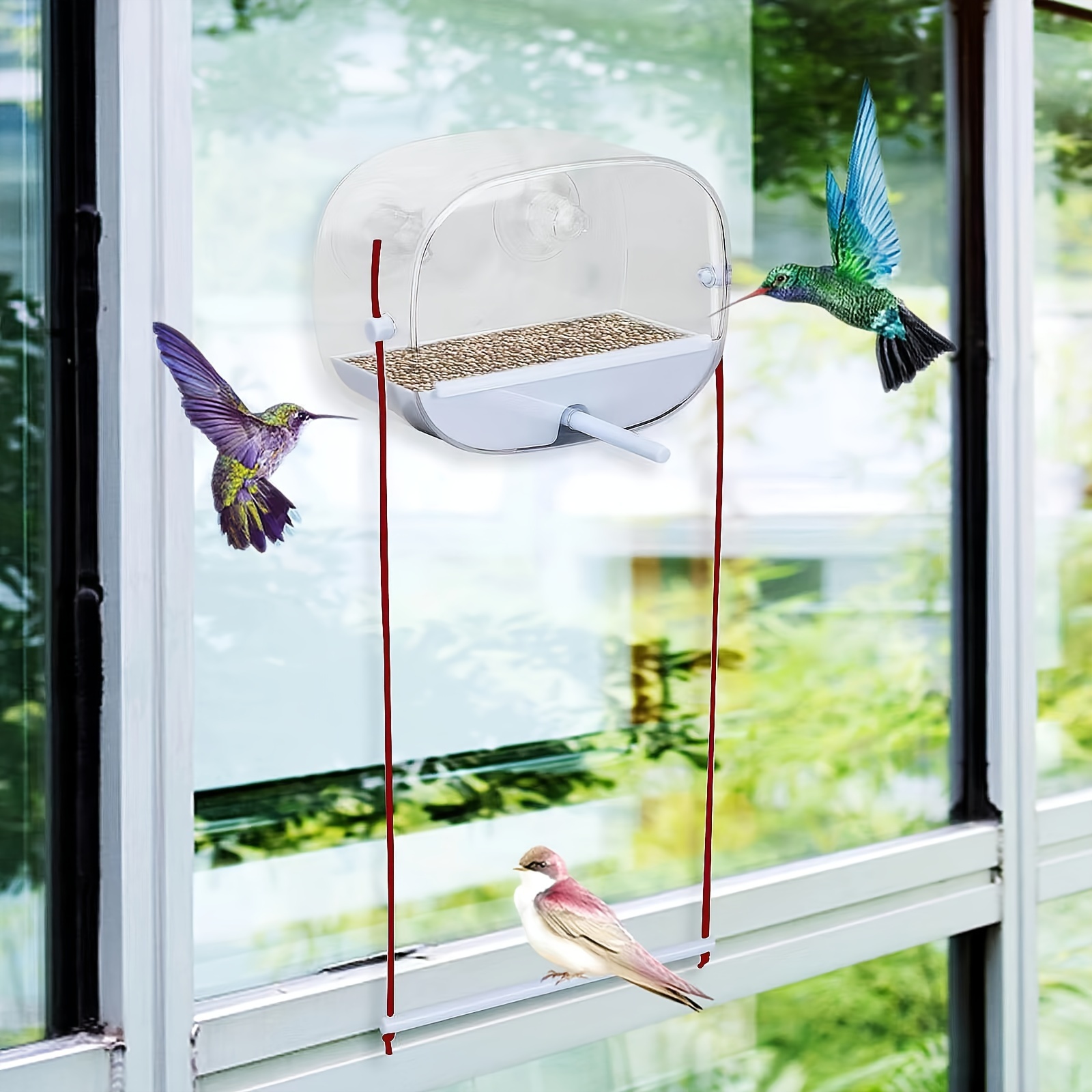 Mangeoire à oiseaux pour fenêtre avec 4 tiges en acrylique avec ventouses  puissantes et trous de drainage