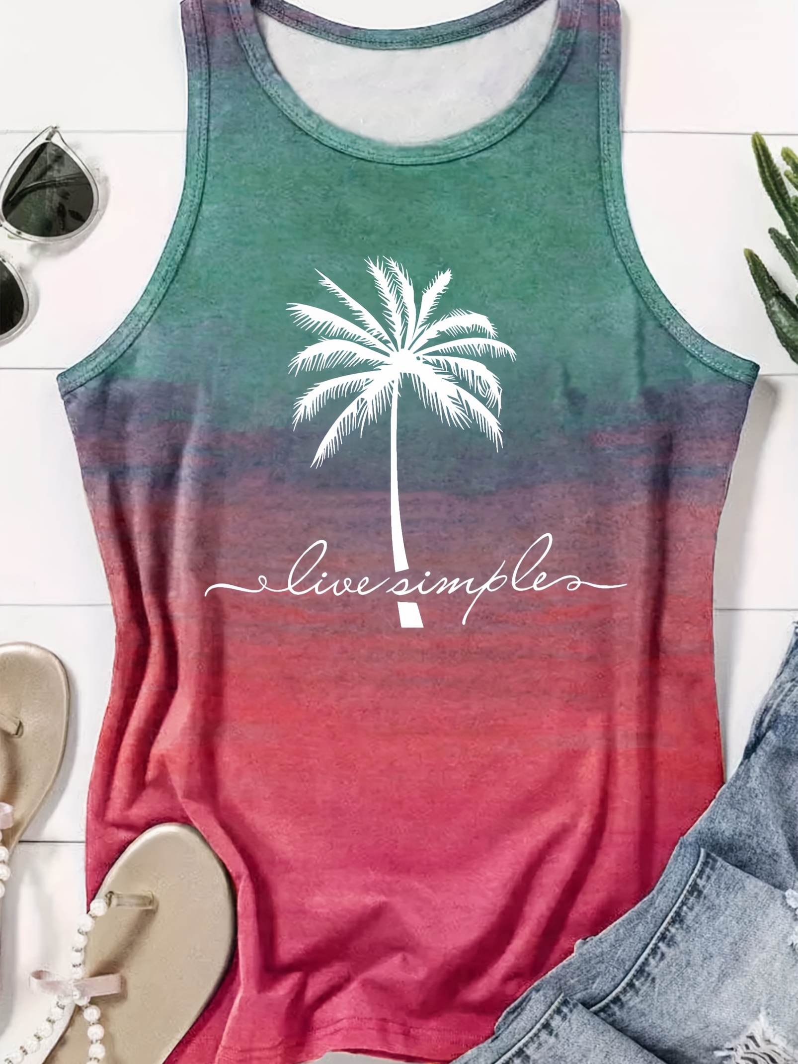 Coconut Tree Graphic Letter Print Crew Neck Tank Top Casual - Temu