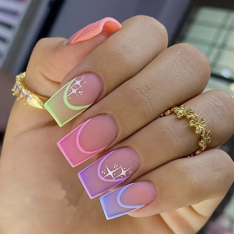Matte Long Square Fake Nails, Colorful French Tip Press On Nails With Star  Design, Ombre Color Full Cover False Nails For Women Girls - Temu South  Korea