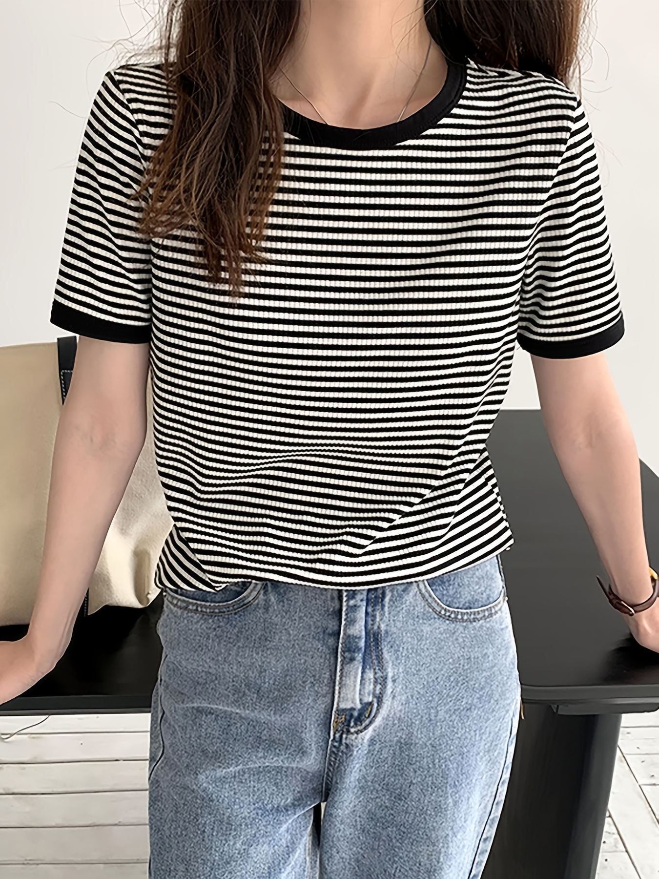 Striped Round Neck Short Sleeve T-shirt, Vintage Loose Stylish
