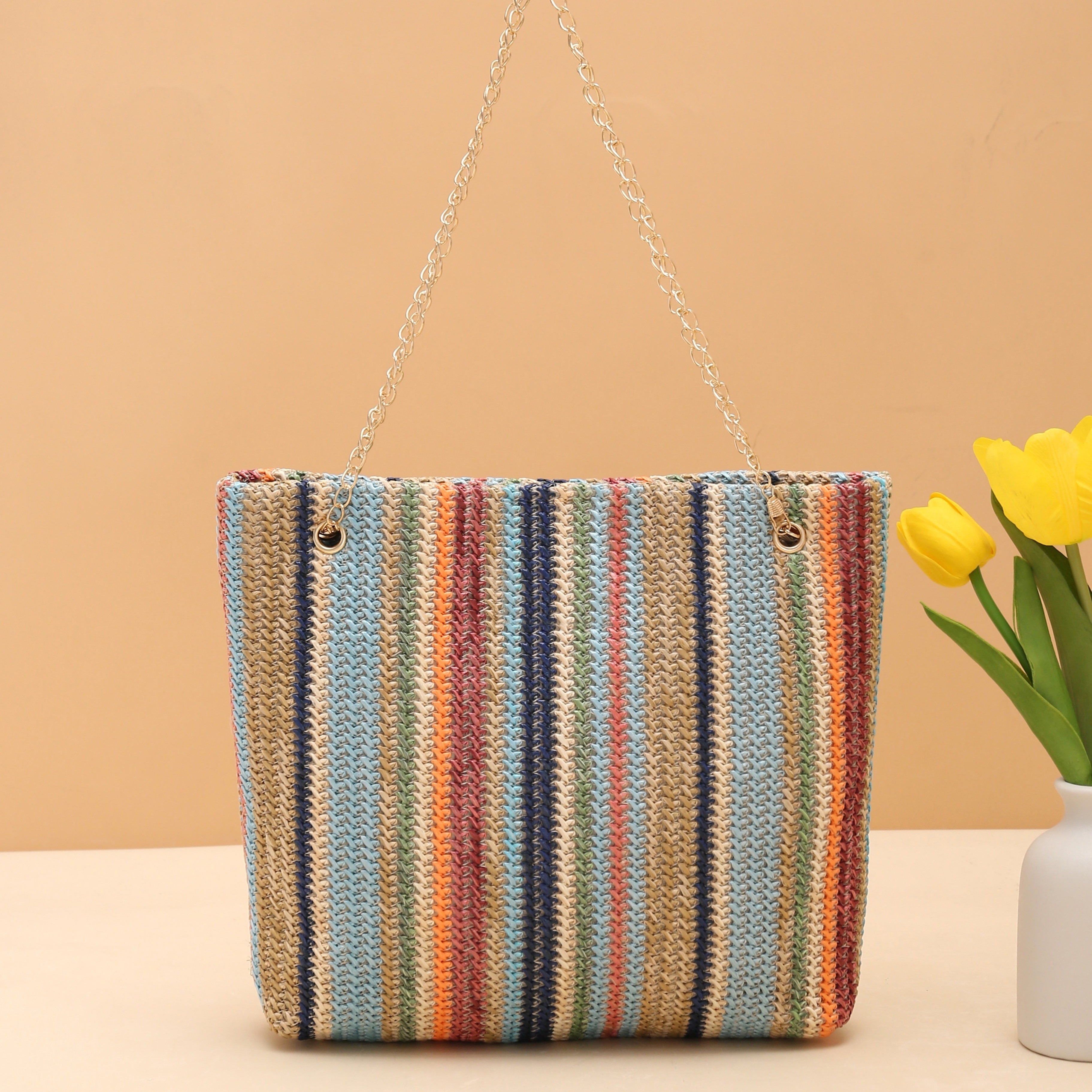 Minimalist Striped Pattern Satchel Bag, Knitted Storage Bag, Women's  Versatile Handbag - Temu