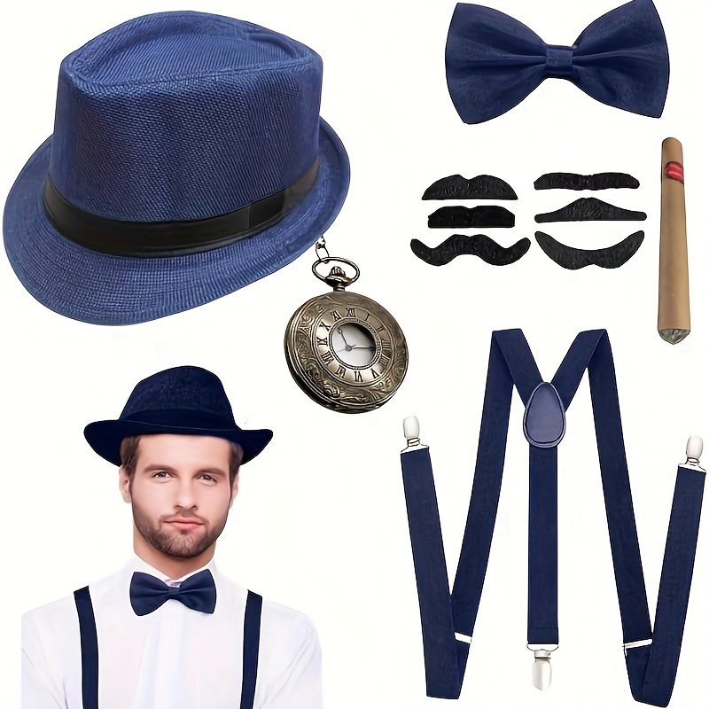 Accessori da Uomo Anni '20 Costume da Gangster di Gatsby Vestito Halloween  Cosplay con Gilet Cappello Fedora Orologio da Tasca Bretelle Cravatta (M,  Bianco e Nero) : : Moda