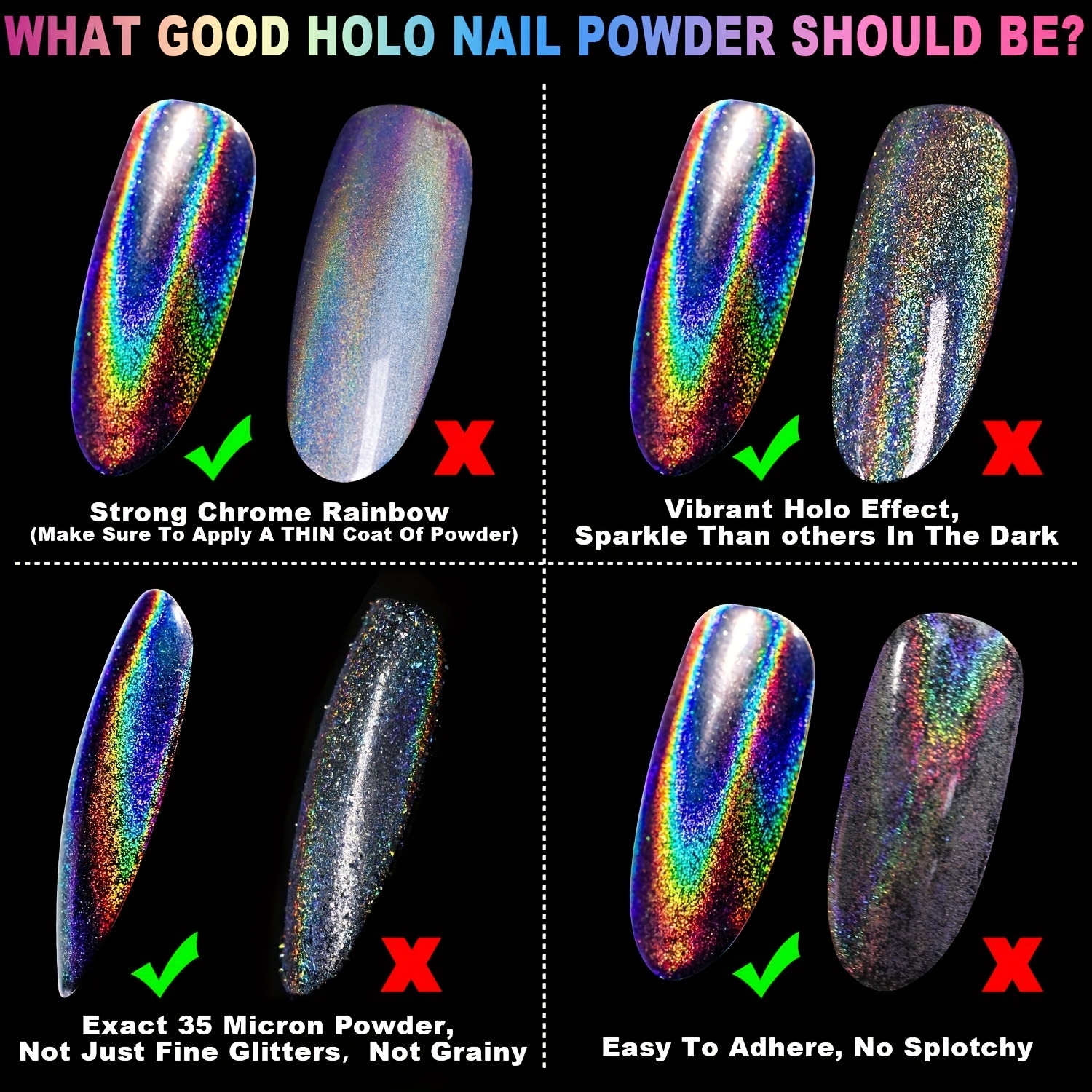 Whats Up Nails - Holographic Powder for Rainbow Unicorn Nails