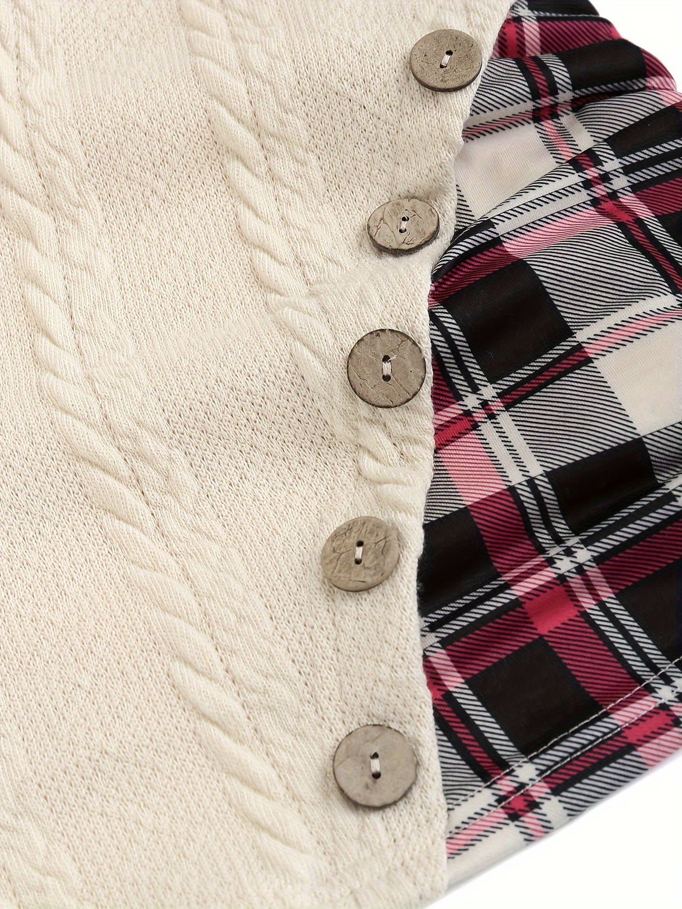 Plaid Splicing Button Decor Cable Hoodie Casual Long Sleeve - Temu