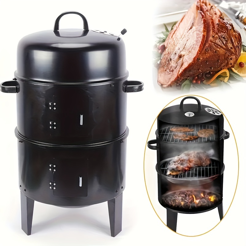 Smoker Grill，3-in-1 Outdoor Smokers, Charcoal Grills Cambo with Built-in  Thermometer for BBQ