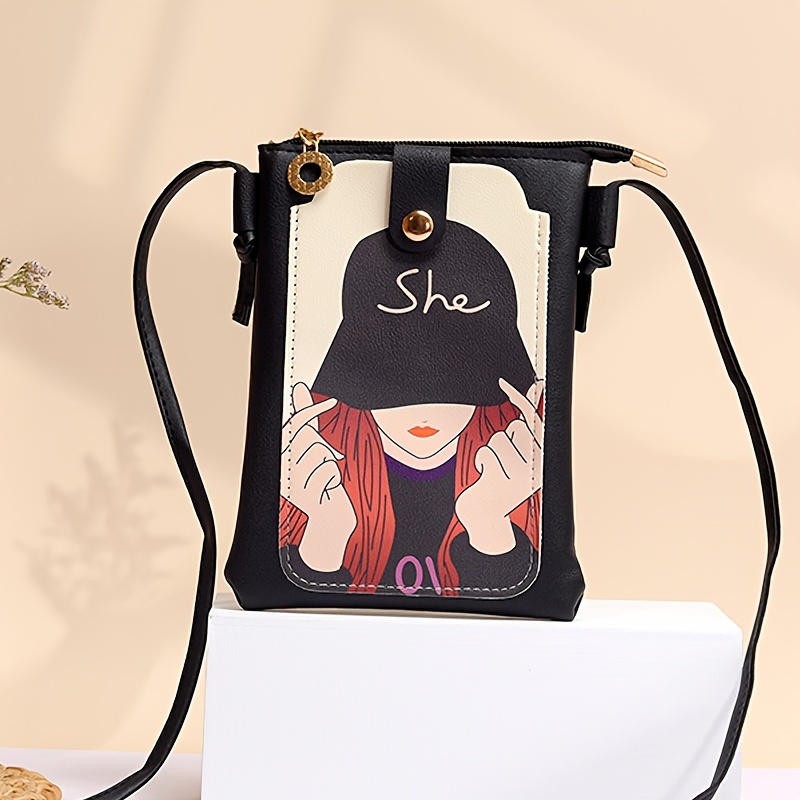 Mini Cartoon Print Phone Bag Cute Bag Charm付きのジッパークロス