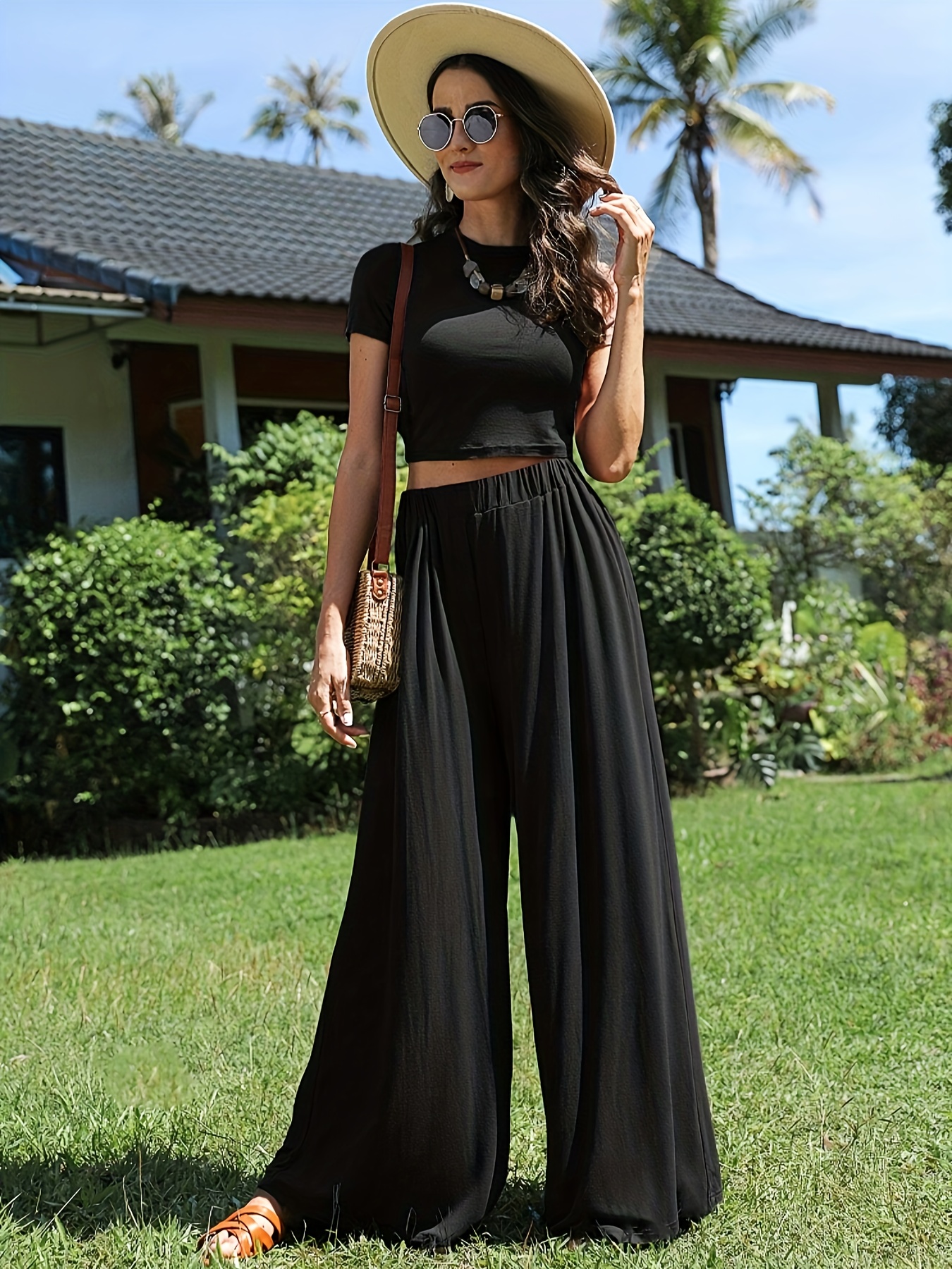 Casual Solid Two piece Set Short Sleeve Crop Top Wide Leg - Temu
