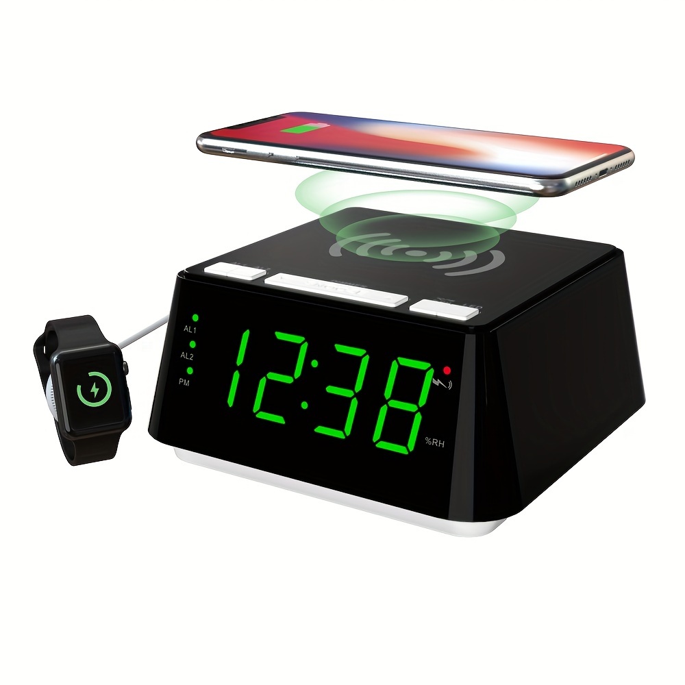 Reloj despertador Digital de madera, alarma de temperatura y humedad, reloj  electrónico LED, teléfono inteligente, cargador inalámbrico