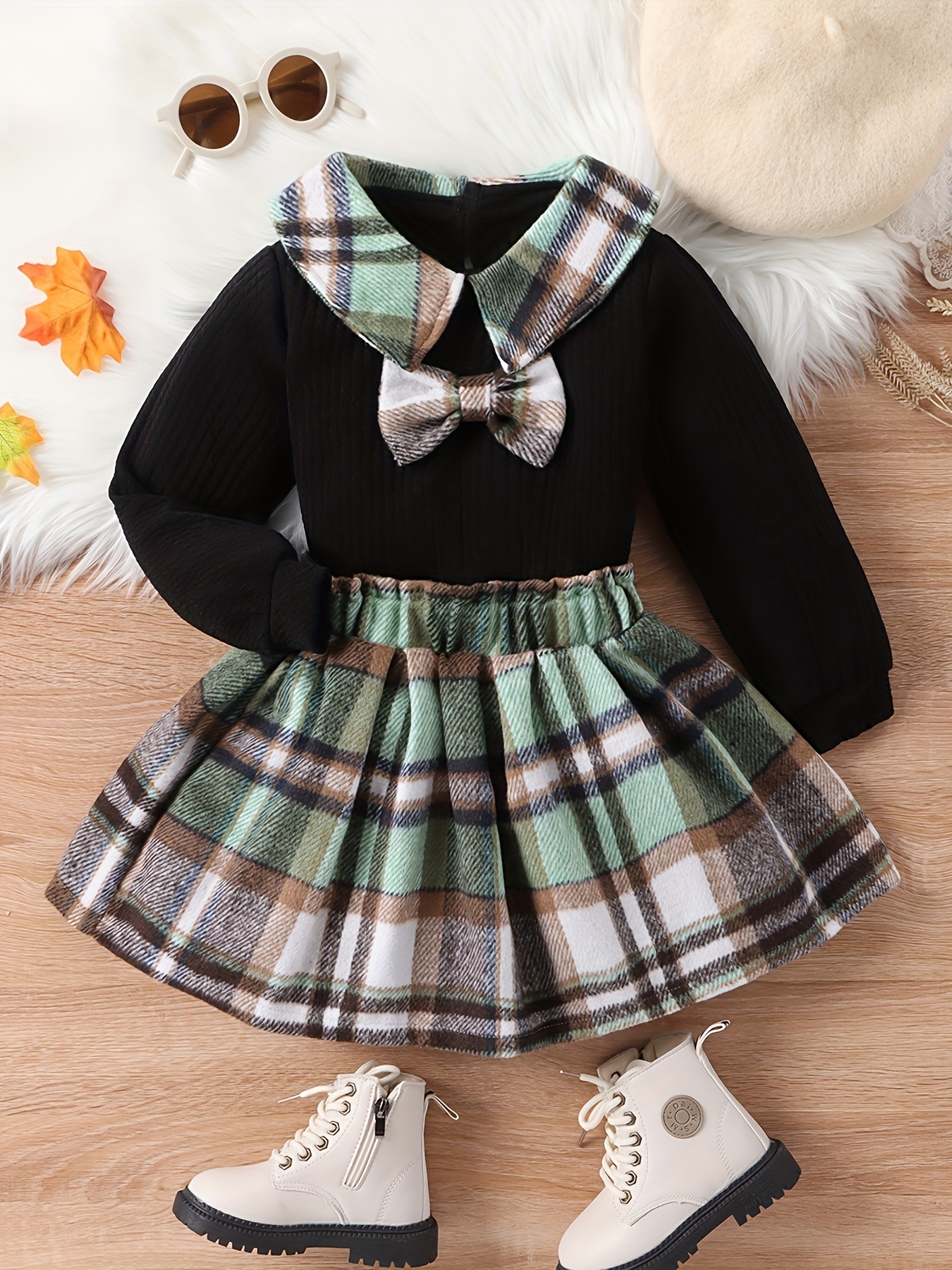 Girls Puff Sleeve Bow Front Blouse & Plaid Print Pleated Skirt