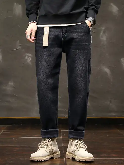 Hip Hop Printed Jeans, Men's Casual Vintage Loose Fit Wide Leg Denim Pants  With Pockets