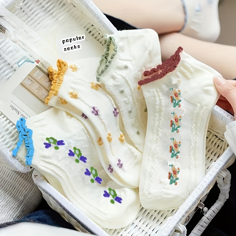 

5 Pairs Floral Print Socks, Cute & Lightweight Lettuce Trim Ankle Socks, Women's Stockings & Hosiery