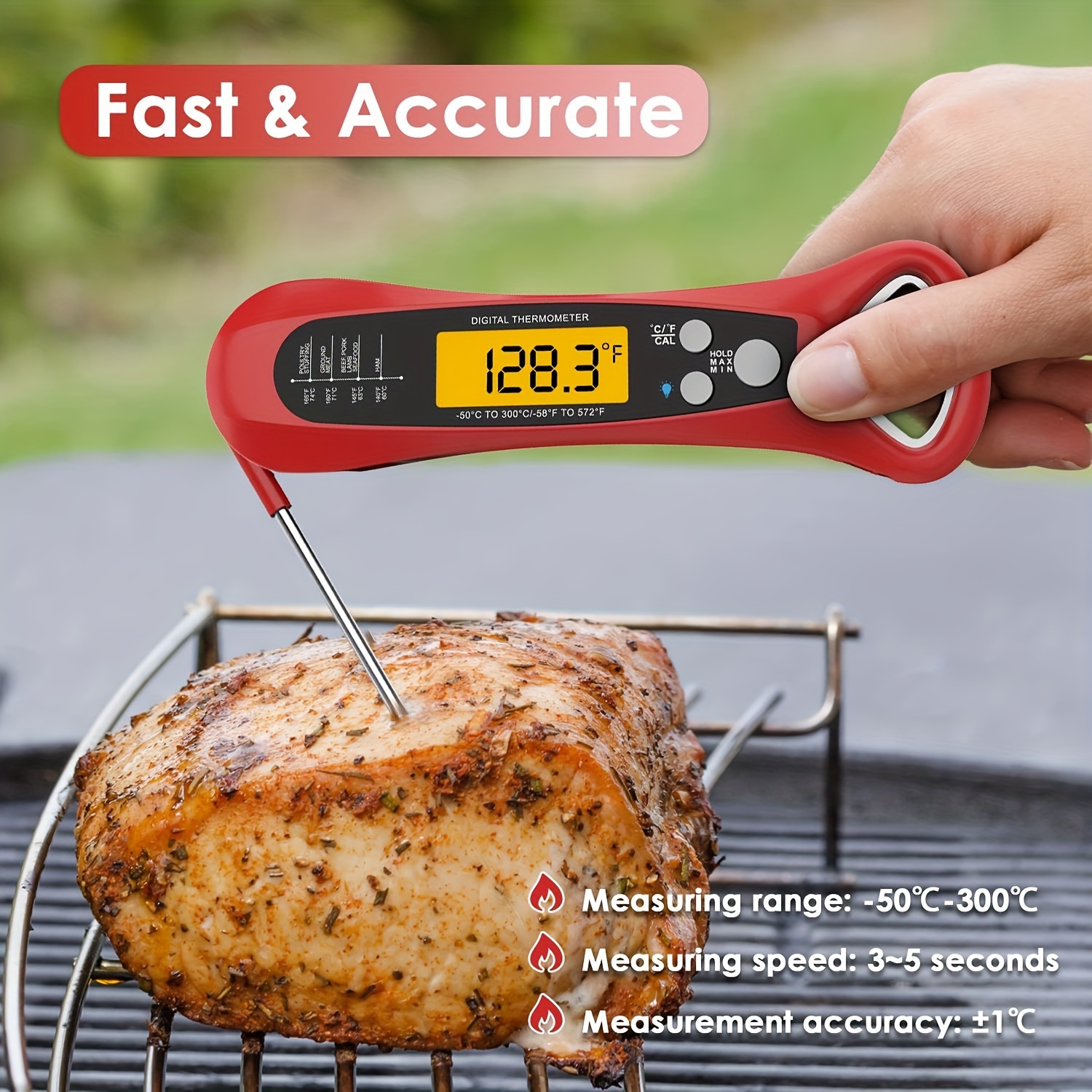 Rapid Meat Thermometer, Instant Read Precise Digital Food Thermometer for Cooking Meat, Candy, Waterproof Kitchen, BBQ Grill, Smoker, Deep Fry, with