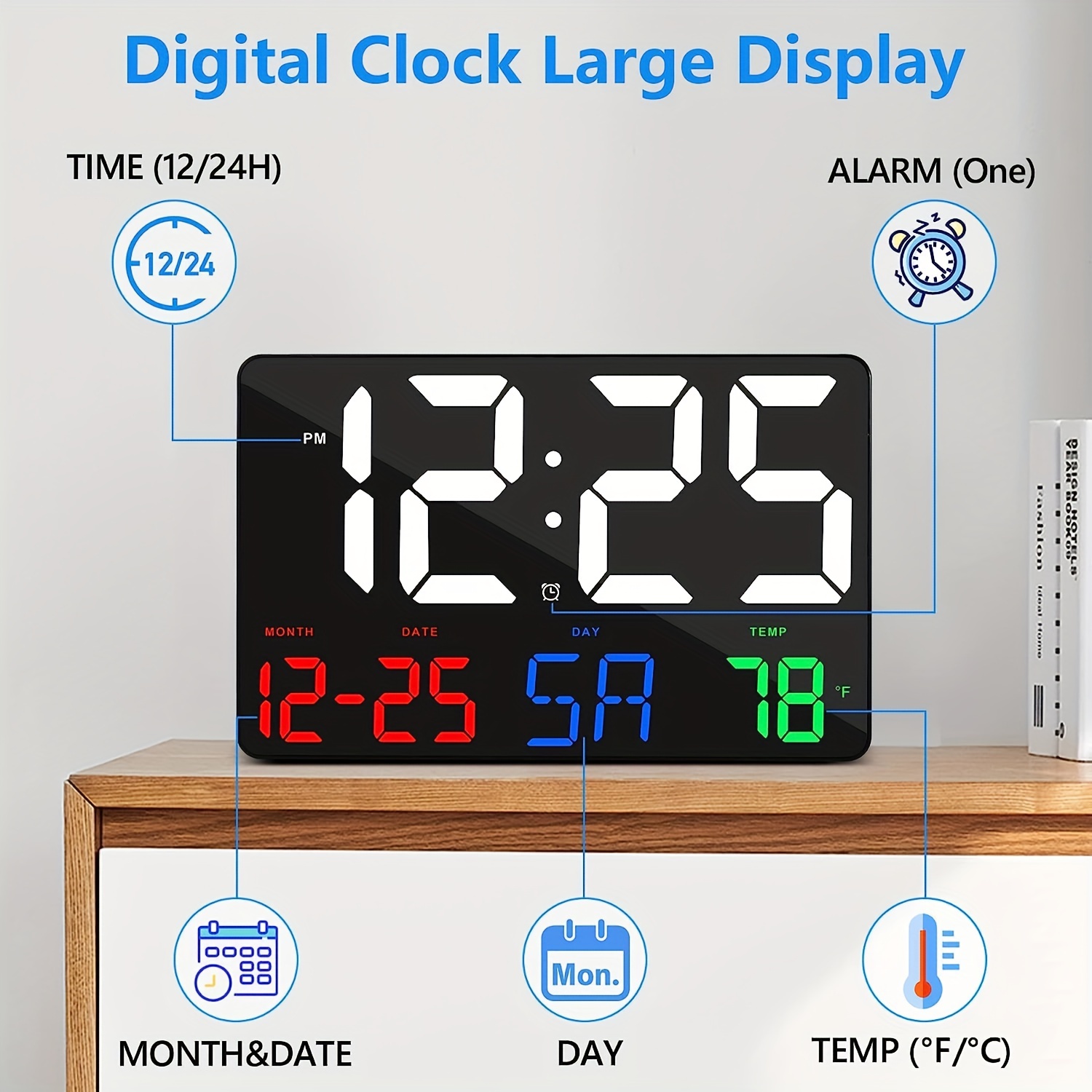 Timegyro piccola parete/scaffale/scrivania digitale orologio con batteria a  display da 1,2 operata. Batterie 4pcs possono mantenere il tempo  visualizzare giorno e notte per più di un anno (bianco) : : Casa e