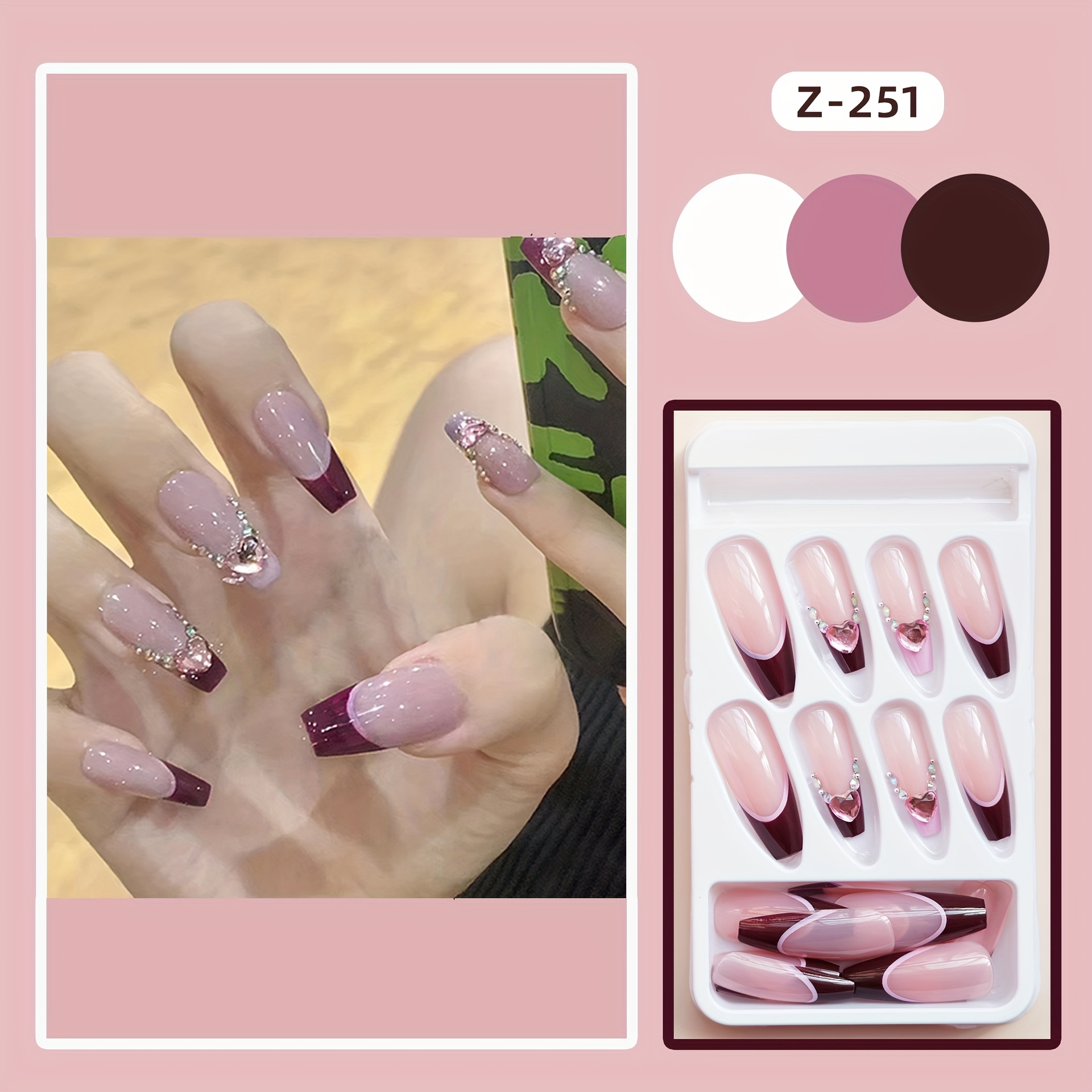 24pcs Glossy Long Ballerina Fake Nails, Purple French Tip Press On Nails  With Pink Heart Rhinestone Design, Full Cover False Nails For Women Girls