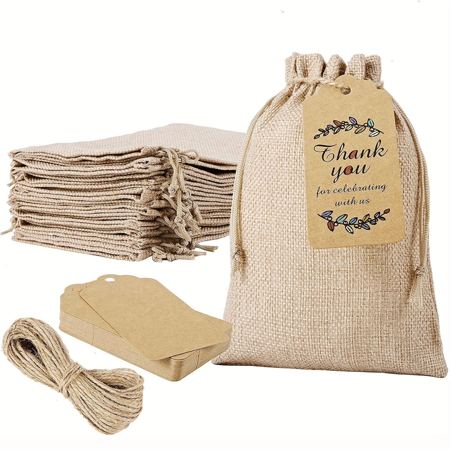 Bolsas de regalo pequeñas de arpillera con cordón etiquetas y